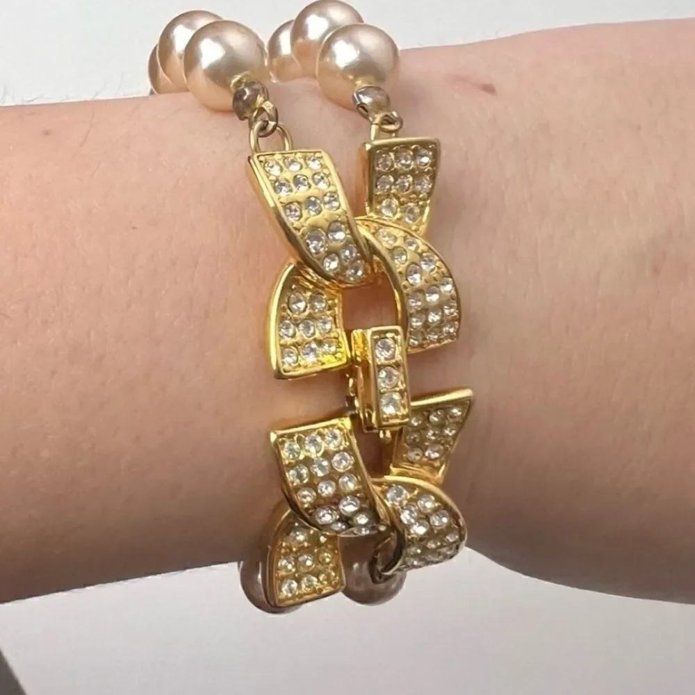 KENNETH J LANE PEARLS AND RHINESTONES DOUBLE ROW BRACELET!!!  BEAUTIFUL!!! - Picture 4 of 7